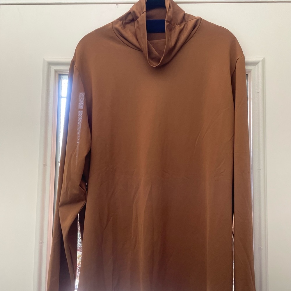 NWOT Susan Graver Tobacco Brown Liquid Knit Turtleneck Tunic Sweater 1X